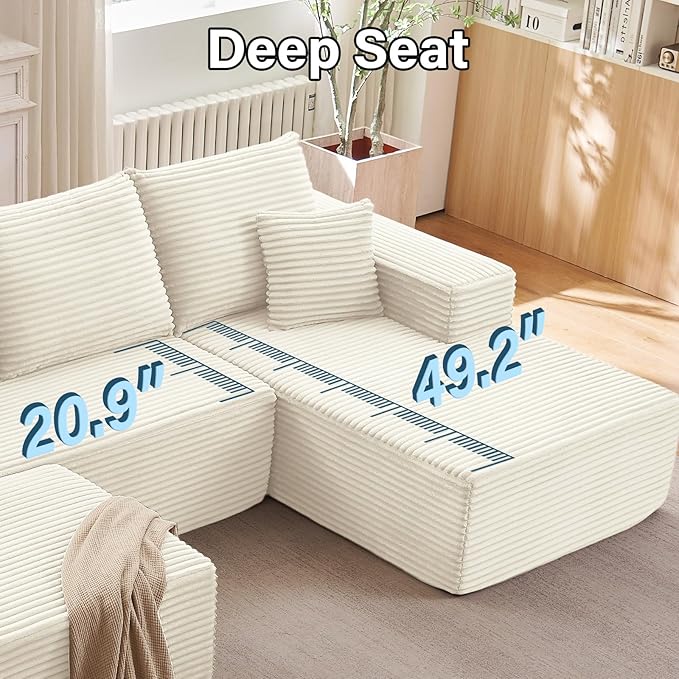 107" W Cloud Sectional Couch with Ottoman,Modern U-Shaped Cloud Couch with Deep Seat,Comfy Corduroy 3-Seater Sofa,Memory Foam Sofa for Living Room,No Assembly (White,Right-Facing Chaise)