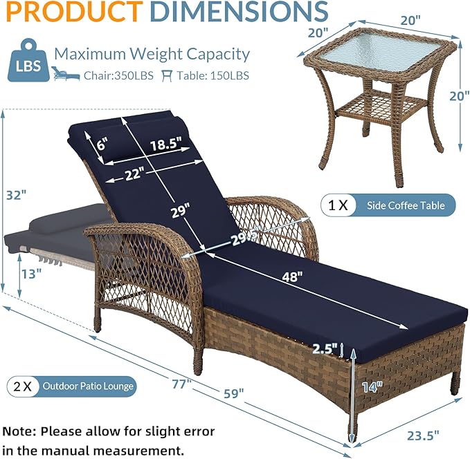 WINGTU 3 Piece Patio Chaise Lounge Set, Outdoor Patio Furniture Modern Lounge Chairs Set of 2 with Side Table & 6-Position Adjustable Backrest, Durable PE Wicker, Weather Resistant Cushions, Navy Blue