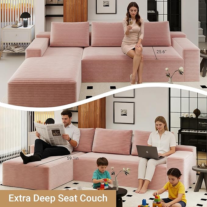 KAPEETOO Modular Sectional Sofa Cloud Couch for Living Room, L Shaped Boneless Couch with Chaise Longue, Oversize 3-Seater Sectional Sleeper Sofa Set with Deep Seat Bedroom (Left Chaise Pink)