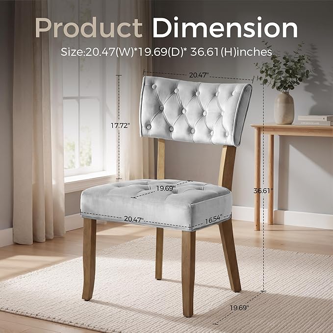 UVV Upholstered Dining Chairs Set of 6, Mid Century Modern Tufted Kitchen Chairs Dining Room Chairs, Velvet Dinner Chair with Wood Legs for Dining Room Kitchen, Light Grey