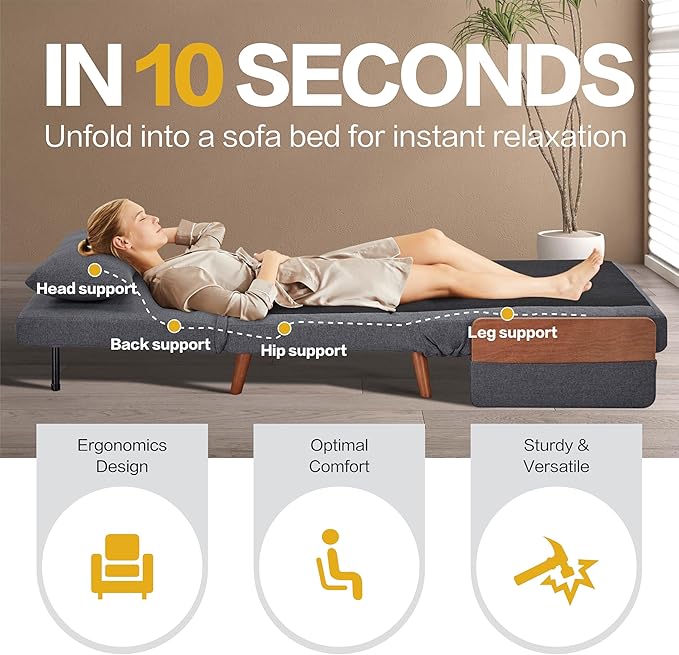 CITTANEO 34" Convertible Sleeper Chair, 3-in-1 Chair Bed Sleeper for Adults with 3-Position Adjustable Backrest, Pillow and Wooden Arms, Folding Sofa Bed for Apartment, Dorm, Office, Gray