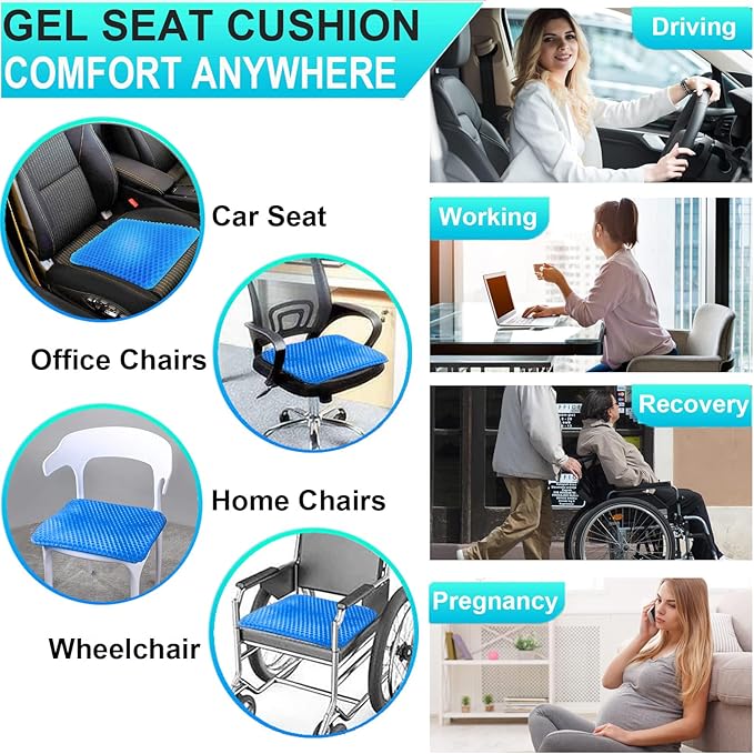 Helishy Gel Seat Cushion for Long Sitting - 1.65inch Double Thick Cooling Egg Cushion for Back, Hip, Sciatica, Coccyx, Tailbone Pain Relief - Office Chair Car Seat Cushion – Wheelchair Cushions