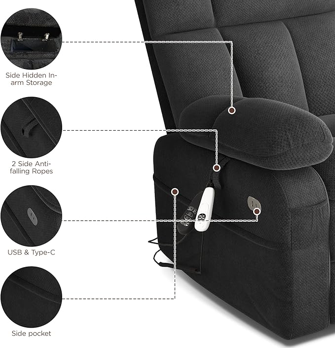 Dual Motor Power Lift Recliner Chair for Elderly with Adjustable Headrest,Extra Wide Recliner Chair with Massage,Lay Flat Recliner with Extended Footrest,Cup holder,Storebox,USB&Type-C Ports,Dark Grey