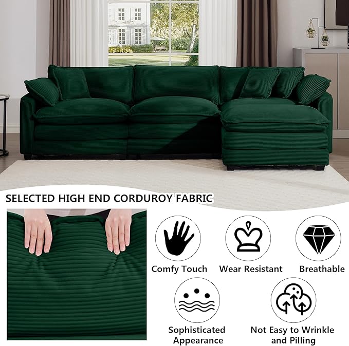 Aoowow Corduroy 3 Seater Cloud Couch with Ottoman,Modern Cloud Couches for Living Room,Modular Sectional Cloud Sofas with Deep Seat,Oversized Tufted L-Shaped Sofa Set. (Green, 3 Seater + 1 Ottoman)
