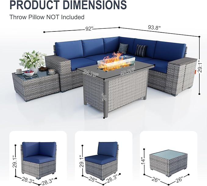 7 Pieces Patio Conversation Set, Rattan Furniture Set with Wide Armrests and Coffee Table, Outdoor Modular Sectional Couch Wicker Sofa with Fire Pit for Garden Backyard Porch Deck (Blue Cushions)