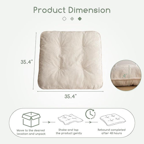 35" Washable Floor Pillow Cushion for Adults, Meditation Cushion Pillow, Extra Large Square Floor Sitting, Removable Tufted Corduroy Cover, for Tatami Living Room or Yoga, Beige, Machine Washable