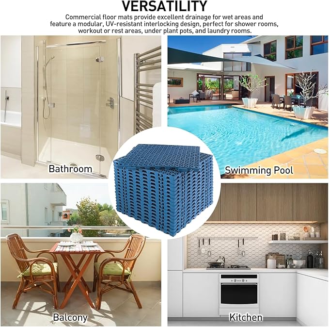MAXWAVE 18 Pack 12" x 12" Modular Interlocking Floor Mats, Soft PVC Non-Slip Drainage Tiles, Splicing Rubber Cushion Flooring for Deck, Shower, Pool, Basement, Shed, Indoor and Outdoor Use