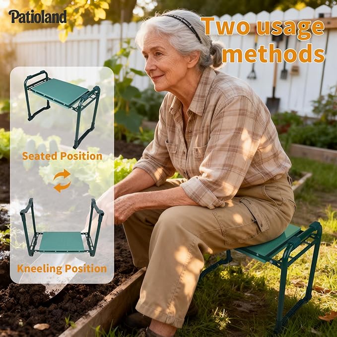 Patioland Garden Kneeler and Seat with 2 Tool Bags, 10.2" Widen Heavy Duty Thicken Soft Kneeling Pad, 2-in-1 Folding Garden Stool, Outdoor Yard Work Seat, Ideal Gardening Gifts for Mom, Women, Grandma
