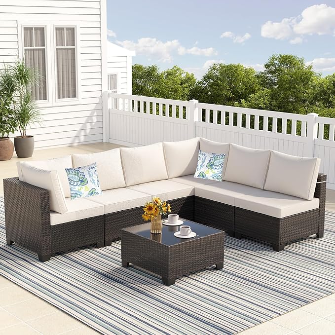 Ophelian 7 Pieces Outdoor Conversation Sectional Rattan Sofa, Patio Furniture Set, with Wicker and Cushions for Garden and Backyard, (Brown/Beige)