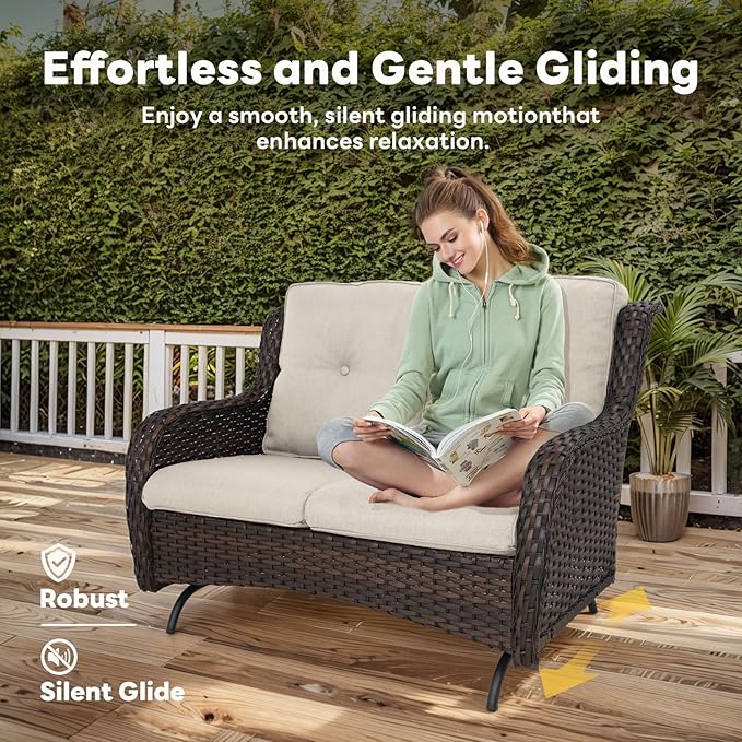 Belord Outdoor Patio Furniture Set - 7 Piece Brown Wicker Conversation Patio Furniture Set All Weather Swivel Chairs with Ottoman and Loveseat Glider Chair for Deck Balcony Backyard