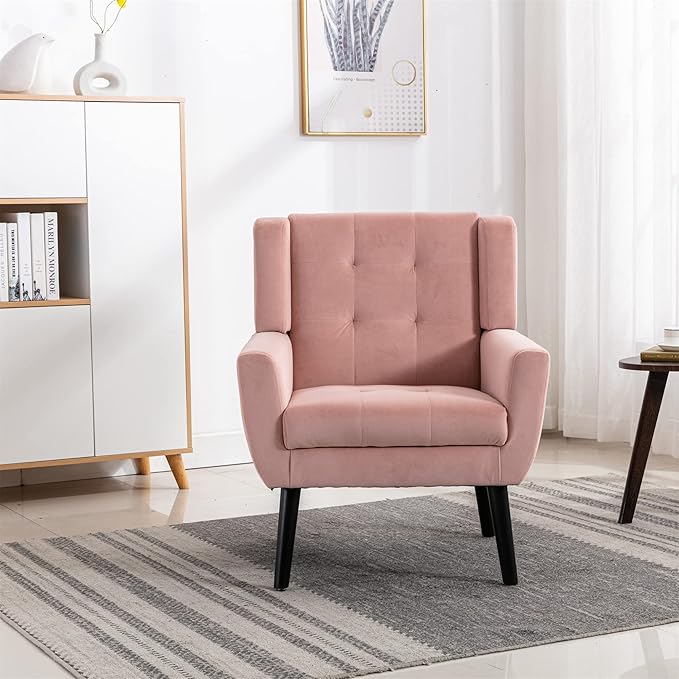 OO BY ORANGE ONLINE Velvet Accent Chair, Mid-Century Modern Tufted Armchair for Living Room, Bedroom & Office (Pink)