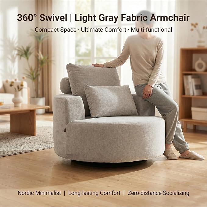 Furnimart 40" Oversized Barrel Accent Chair Set of 2, 360° Swivel Round Upholstered Sofa, Chenille High-Resilience Sponge, No Assembly, Wide Seat for Living Room, Bedroom, Apartment (Gray)