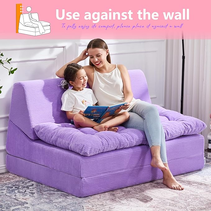 Hobestluk Sofa Couch Folding Sofa Bed Sleeper Comfy Floor Lounger Loveseat Sofa with Removable Cushion Couches Foldable Mattress for Living Room Bedroom or Office (Cordury Purple, Oversize)