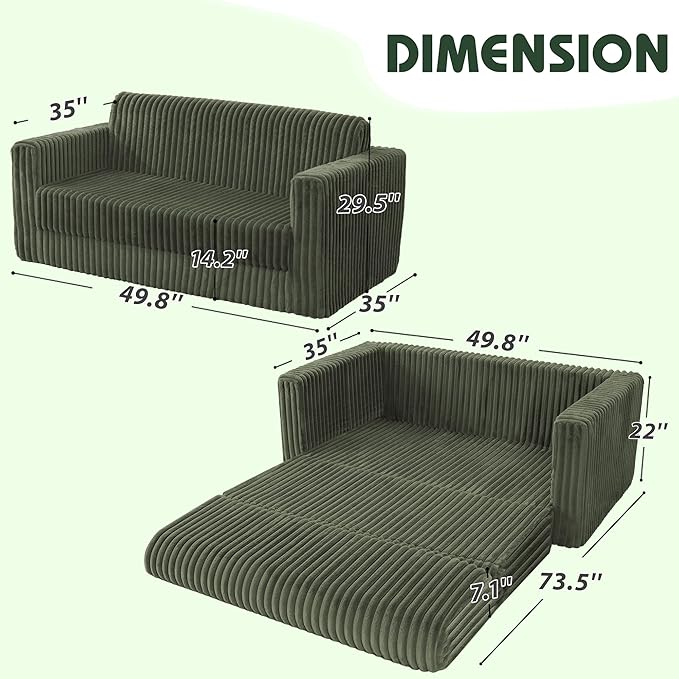 HABUTWAY Folding Sofa Bed, 2 in 1 Convertible Sleeper Chair with Armrest, Portable Fold Out Chair Bed, Comfy Floor Couch, Multi-Functional Lazy Sofa for Living Room Bedroom Dorm Home Office, Green
