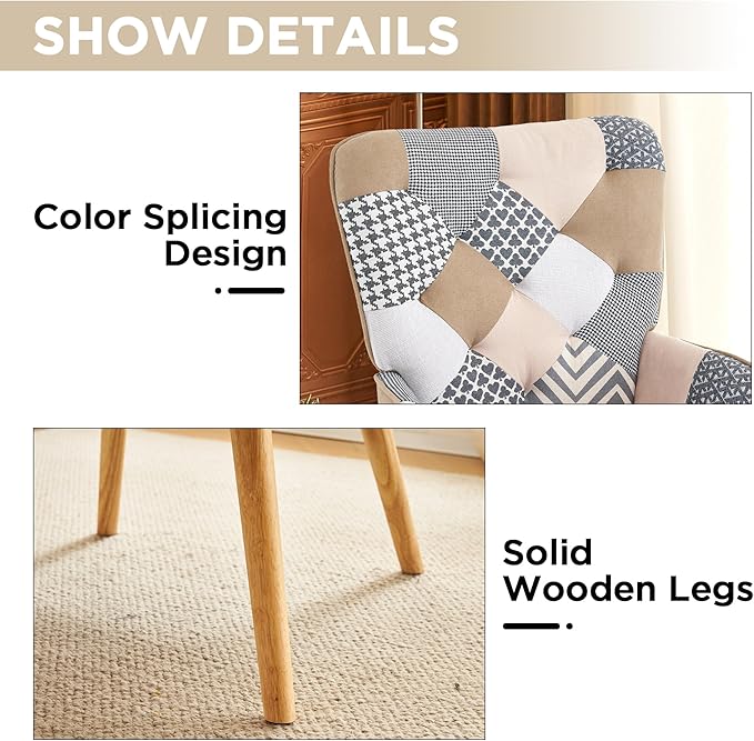 Accent Chair, Living Room Chair, Modern High Back Armchair, Colorful Patchwork Reading Chairs for Bedroom, Lounge Chair with Linen Fabric Shell and Solid Wood Feets (1, Gray)