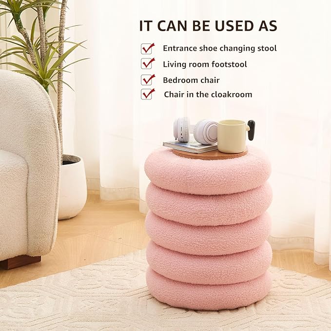 Wimarsbon Round Storage Ottoman, Modern Sherpa Footstool, Teddy Vanity Stool with Flip-Top Tray, Makeup Chair for Home Decor, Upholstered Footrest for Living Room & Bedroom (Pink S)