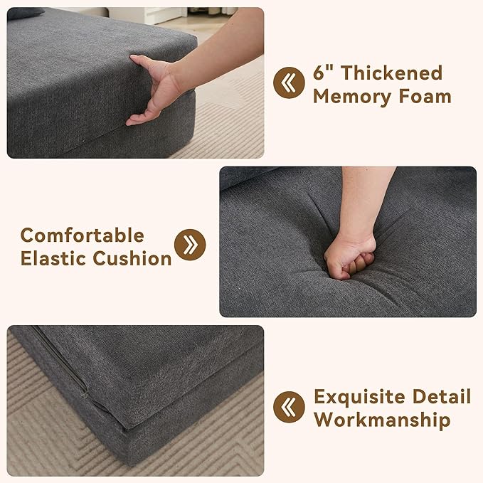 Folding Sofa Bed Convertible Floor Couch Foldable Chair Bed with Pillow，Linen Sleeper Chair Futon,Foldable Memory Foam Mattress for Bedroom/Living Room/Dorm/Office (Dark Grey, Single)
