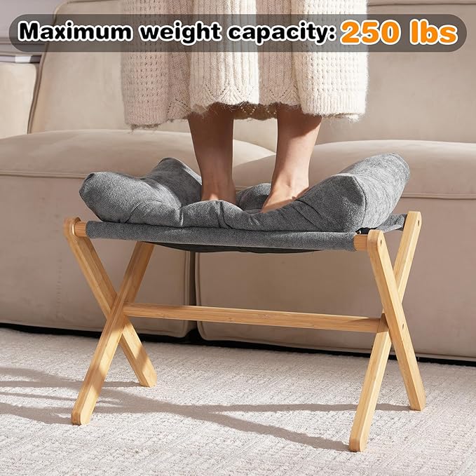 Folding Upholstered Footrest Stool, Small Accent Ottoman with Thick Cotton Cushion & Bamboo X Legs, Modern Padded Sofa Stool for Makeup Bedroom Living Room, Grey