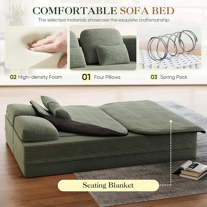 Antetek Convertible Sleeper Sofa, Modern Folding Futon Corduroy Floor Foam Compression Loveseat Sofa Bed Couch, Foldable Full Size Guest Bed with 4 Pillows for Living Room Bedroom Apartment, Green