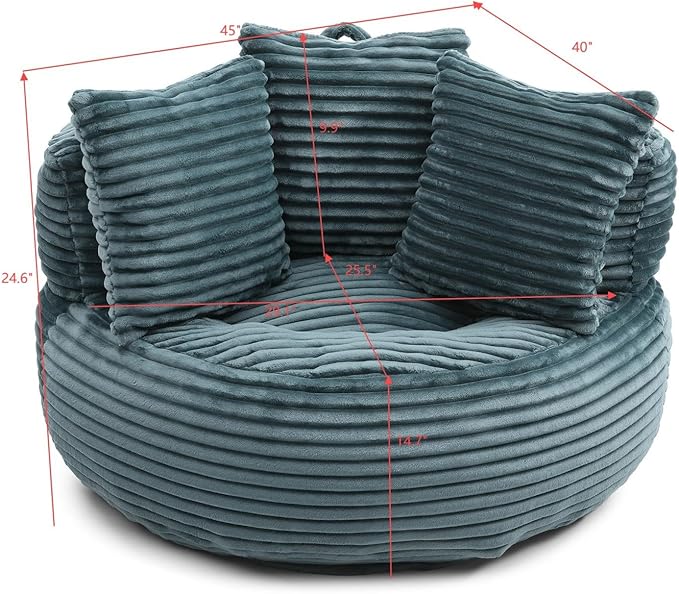 Bean Bag Chair, Corduroy Oversized Chair for Adults, Comfy Big Accent Sofa Lounge Floor Chair, Stuffed Bean Bag Couch for Gaming, Reading, Living Room, Bedroom, Turquoise