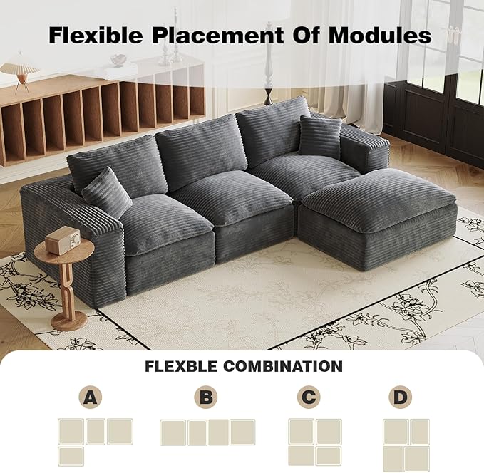ZIGHTH 108" Plush Corduroy L Shaped Sectional Cloud Sofa Couch with Ottoman, Soft Deep Seat Modular Sectional Couches for Living Room,No Assembly. Grey