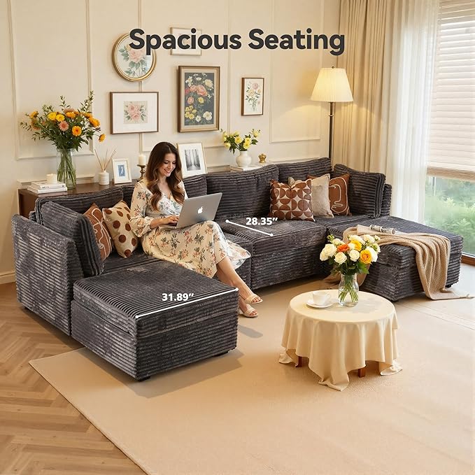 CAODOC Large 6 Seat Modular Sectional Sofa with Ottoman Seat Corduroy Sleeper Sectional Sofa Bed Oversized Convertible Modular Couch for Living Room