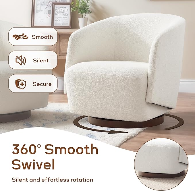 Boucle Swivel Accent Chair, No Assembly Upholstered Armchair with Rubberwood Base, 360° Rotating Barrel Chair for Living Room, Bedroom, Apartment & Reading Nook (1, Beige)