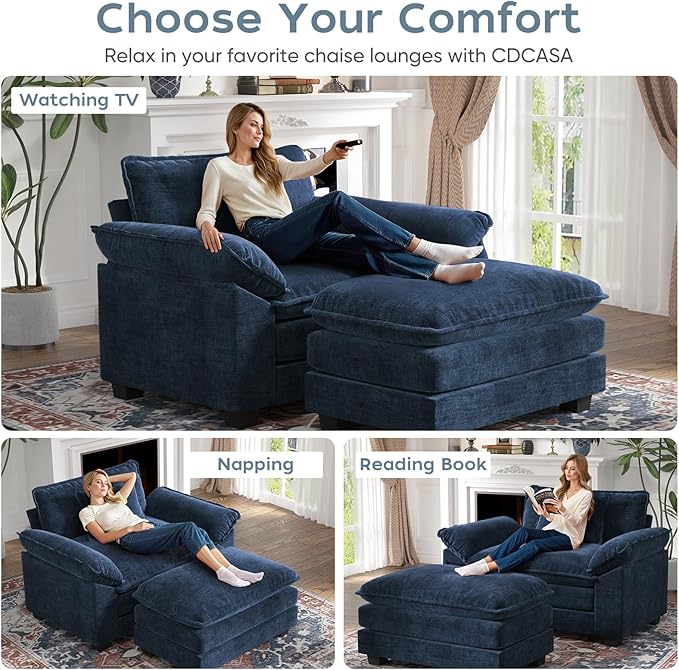 CDCASA 50'' Oversized Chair with Movable Ottoman, Chenille Comfy Cloud Sofa Accent Chair w/Large Seat and Armrests, Modern Extra Wide Armchair Reading Chairs for Living Room, Blue