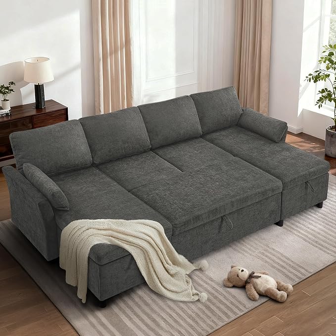 ACMEASE 107 Inches Fabric Sectional Sofa with Pull Out Sofa Bed, Modern U Shaped Sofa with Throw Pillows, Comfortable Sleeper Couch with Storage Chaise for Living Room, Grey