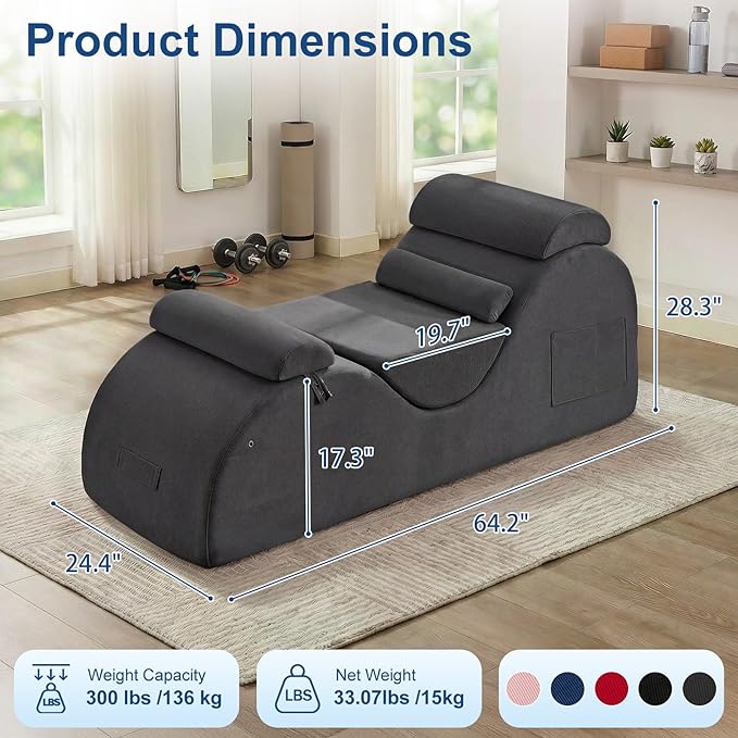 Yoga Chaise Lounge Chair, S-Shaped Floor Sofa with Moveable Headrest, Lumbar Pillow, Support Cushion, Footrest, Non-Slip Base, No-Assembly Lounger for Stretching, Meditation & Relaxation (Grey)