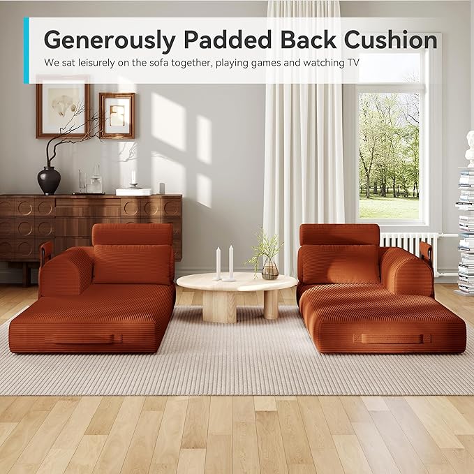 ZQRhome 79" 5-in-1 Convertible Sofa Bed, Modern Sleeper with Heavy Duty Frame, Plush Corduroy & 2 Pillows, No Assembly Couch for Entertainment & Lounge, Orange
