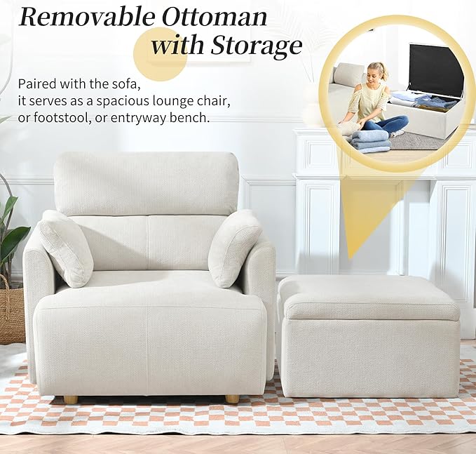QKFF Modern Oversized Accent Chair with Storage Ottoman & Side Pillows, Snowflake Fleece Upholstered Chaise Lounge Chair, Deep Seat Reading Chair for Living Room, 350lbs Capacity