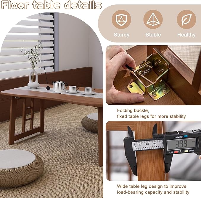 Japanese Floor Table Bamboo Folding Table,Portable Collapsible Tatami Tea Table, No Assembly Foldable Low Table for Sitting on The Floor, Easy Storage (Brown)