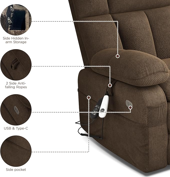 Dual Motor Power Lift Recliner Chair for Elderly with Adjustable Headrest,Extra Wide Recliner Chair with Massage,Lay Flat Recliner with Extended Footrest,Cup holder,Storebox,USB&Type-C Ports,Brown