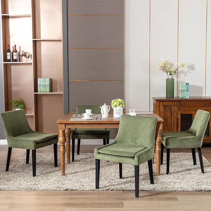 Modern Dining Chairs Set of 4, Upholstered Corduroy Dining Room Chairs with Wood Legs, Mid-Back Padded Kitchen Side Chairs for Dining Room, Green