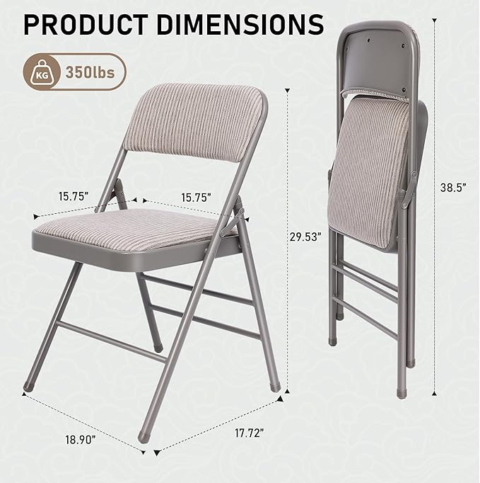 SEALAMB 10 Pack Fabric Folding Chairs with Padded Seats & Cushion, Metal Foldable Chairs for Wedding Party, Commercial Chairs for Office School Church Events, 350lb Capacity (Gary-Fabric, 10 Pack)