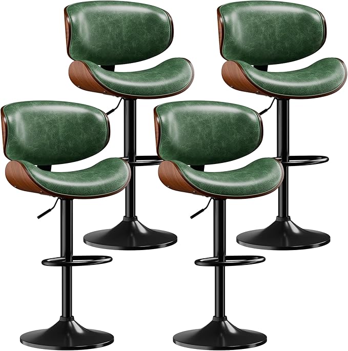 Aowos Bar Stools Set of 4, Adjustable Swivel Leather Bar Stools for Kitchen Island, Mid Century Modern Counter Height Bar Chairs Barstools with Back & Footrest (Green)