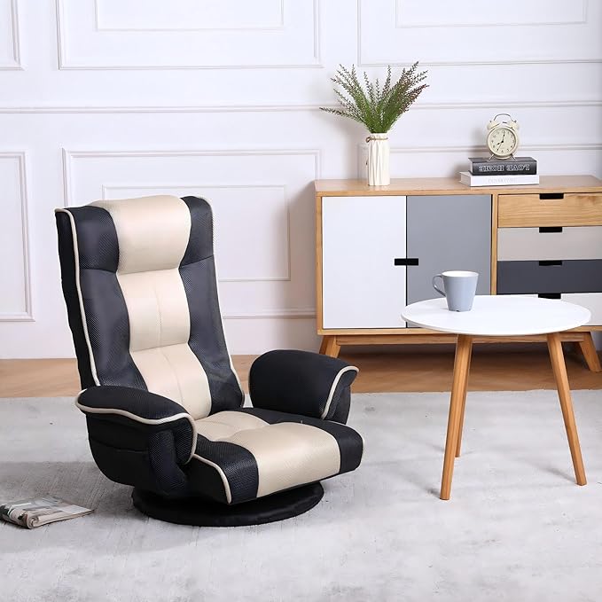 Linen Fabric Ergonomic Gaming Chair, 6-Position Reclining Sofa Bed with Lumbar Support, Foldable Floor Lounger with Thick Cushion, Armrests & Side Pockets for Esports, Reading, Napping (Brown + Beige)