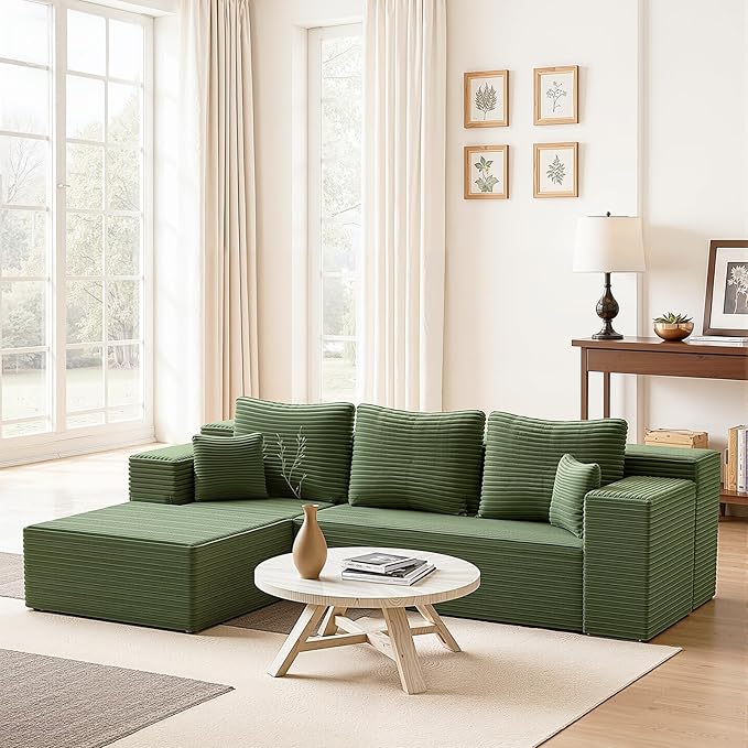 106'' Boneless Couches for Living Room, L Shaped Modular Sectional Sofa with Chaise Lounge, Faux Rabbit Fur Layered Cushion Deep Seat Cloud Couch, No Assembly (Green, 106 L Shaped Left Facing Chaise)