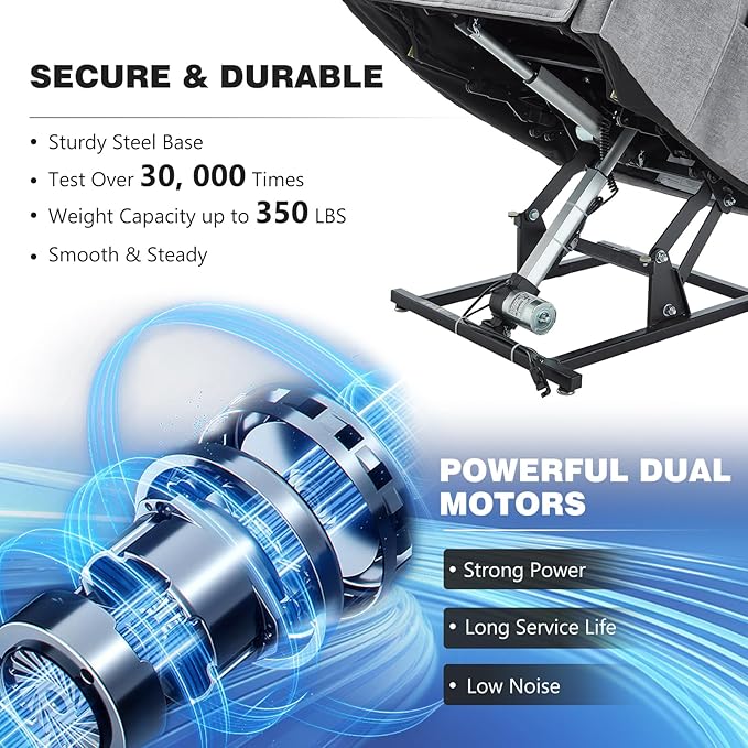 Dual Motor Power Lift Recliner Chair, Lift Chair with Massage and Heat for Elderly, Lay Flat Recliner, Standing Assistance, Infinite Position Reclining, Living Room Chair, Chenille, Grey