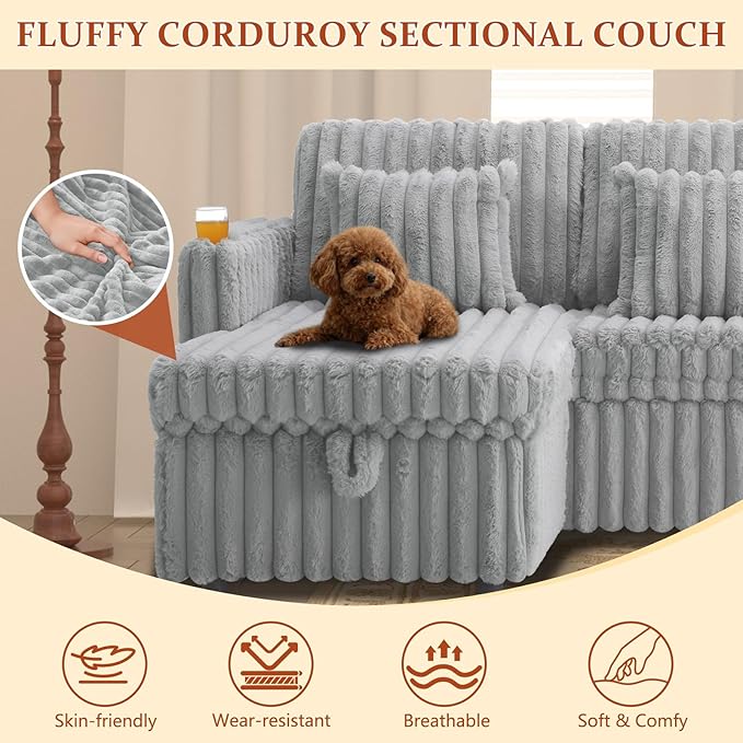 107" Sectional Sleeper Sofa with Pull Out Bed, Comfy Fluffy Plush Corduroy Cloud Sectional Couches for Living Room, U Shaped Modular Couch with Storage Chaise, Cup Holder & USB Charger, Grey