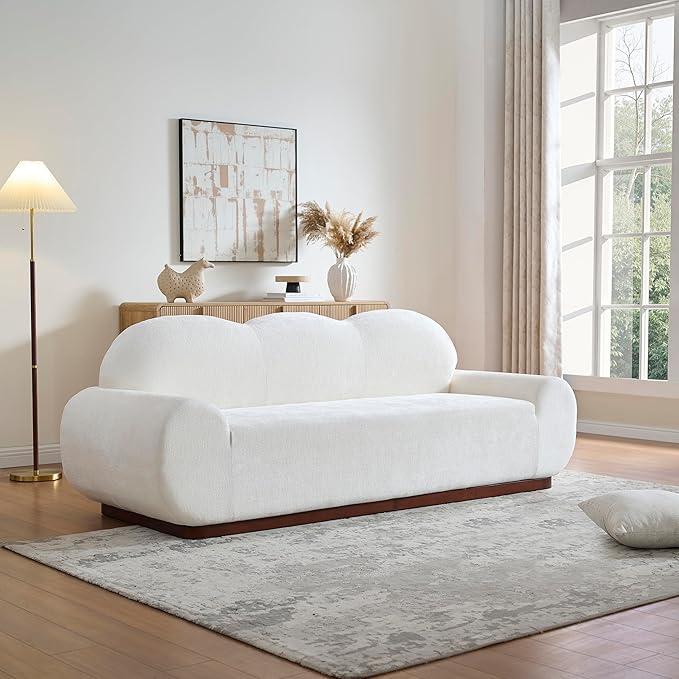 Christopher Knight Home Zera 88" Comfy Chenille Upholstered Cloud Couch, 3-Seater Sofa Couches, Low Profile Home Sofa Living Room with Round Arm, Sturdy Wooden Frame Lounge Chair Indoor, White