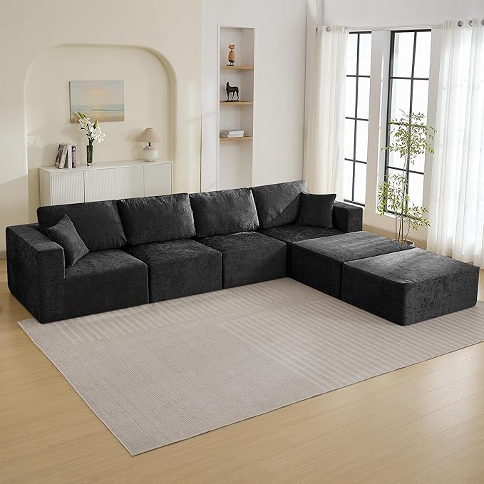 146'' Oversized Boneless Sofa, 4 Seater Modular Sectional Couch with 2 Moveable Ottoman, U Shaped Chenille Convertible Sleeper Sofa with Chaise for Living Room, Black