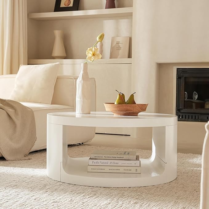 Veihaus Round Coffee Table with Storage, 31.5" Modern Living Room Table, 2 Tier Circle Wood Center Tables for Apartment, Living Room, Open-Style Storage White Coffee Tables, 31.5"*15.7" (White)