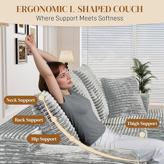 108" Boneless Cloud Sectional Couches for Living Room, Comfy Fluffy L Shaped Memory Foam Deep Seat Boneless Couch, Modular Sectional Sofa with Right Facing Chaise, Grey