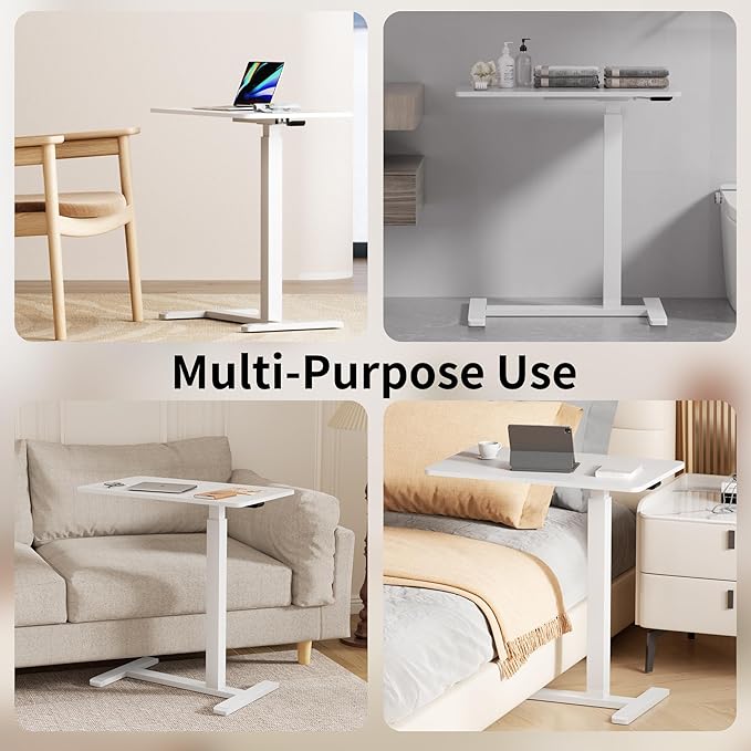 CROWNFURN Overbed Bedside Table with Wheels,Height Adjustable Bedside Table for Recliner,Rolling Standing Desk for Home Hospital,White