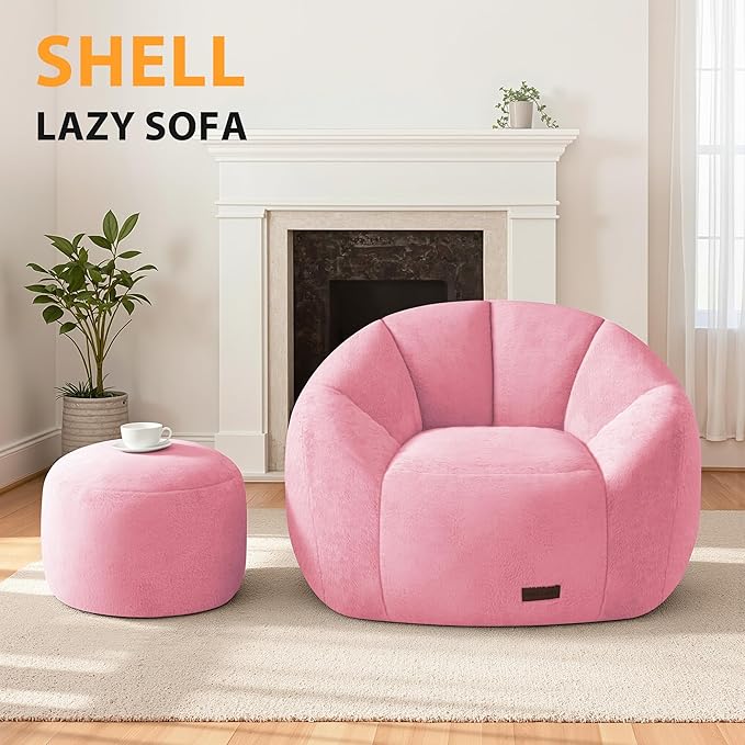 HABUTWAY Bean Bag Chair, Oversized Shell-Shaped Bean Bag Couch with Ottoman, Giant Beanbag Chair for Adults and Kids, Comfy Bean Bag Sofa & Footstool, Large Floor Sofa for Living Room Bedroom, Pink