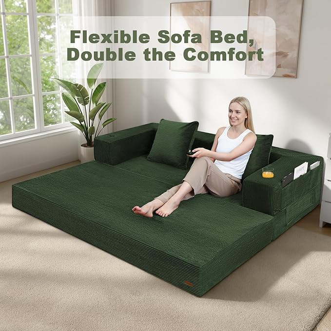 COMAX Futon Sofa Bed Queen, 79" Convertible Sofa Bed Couches for Living Room, 4 in 1 Folding Boneless Sleeper Corduroy Couch Loveseat Foam In a Box, Foldable Comfy Lounge Fold Out Floor Mattress Green