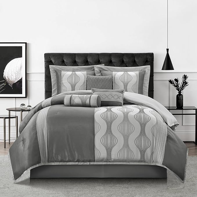 Grand Avenue 7 Grey Comforter Set, California King Size Jacquard Bedding Set, All Season Geometric Patchwork Bedding Set, Matching Pillows, Shams, Bed Skirt