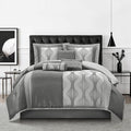 Grand Avenue 7 Grey Comforter Set, California King Size Jacquard Bedding Set, All Season Geometric Patchwork Bedding Set, Matching Pillows, Shams, Bed Skirt